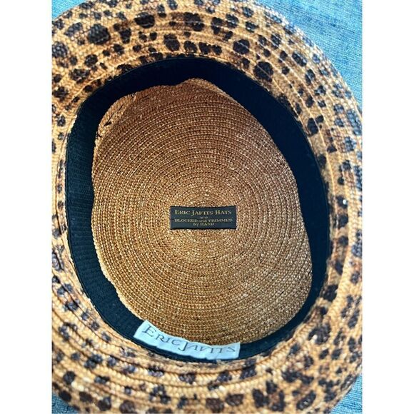 Eric Javits Tan and Brown Leopard Animal Print Straw Hat With Ribbon Bow - Picture 3 of 9